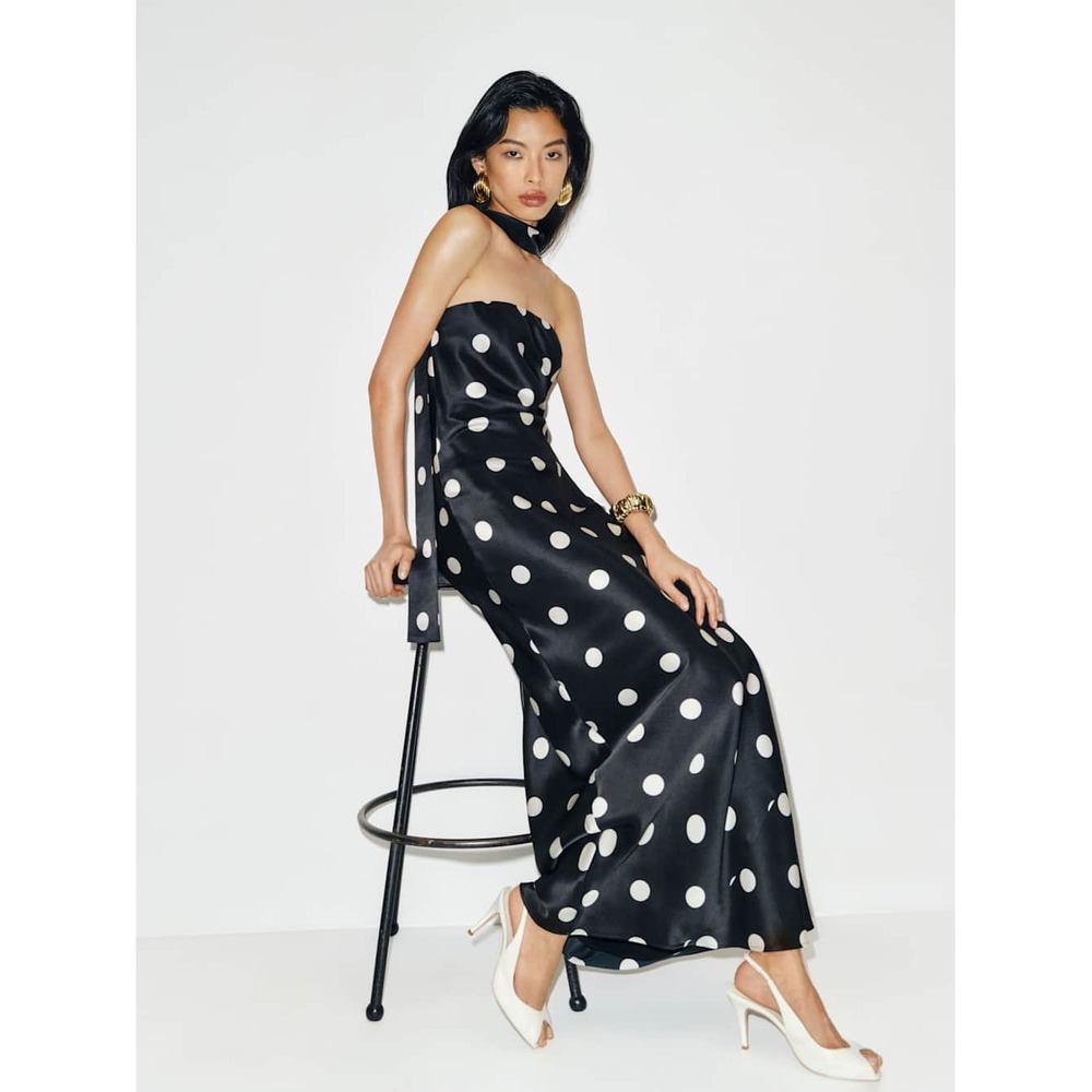 Reformation Oren Silk Dress Black White Polka Dot Scarf Neck Strapless Maxi NEW - Picture 3 of 6